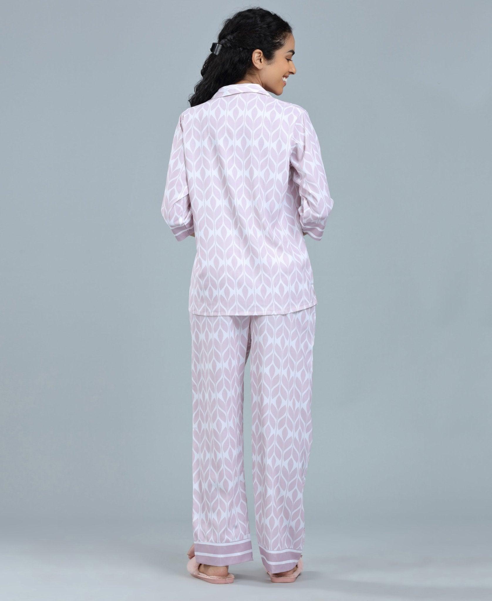 Dreamy Geometric Print Satin Night Suit - Velure - Shirt and Pant - 3/4 Sleeves, Abstract Print, Collar Neck, Front Button Open, Full Length Pant, Satin