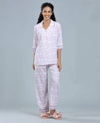 Dreamy Geometric Print Satin Night Suit - Velure - Shirt and Pant - 3/4 Sleeves, Abstract Print, Collar Neck, Front Button Open, Full Length Pant, Satin