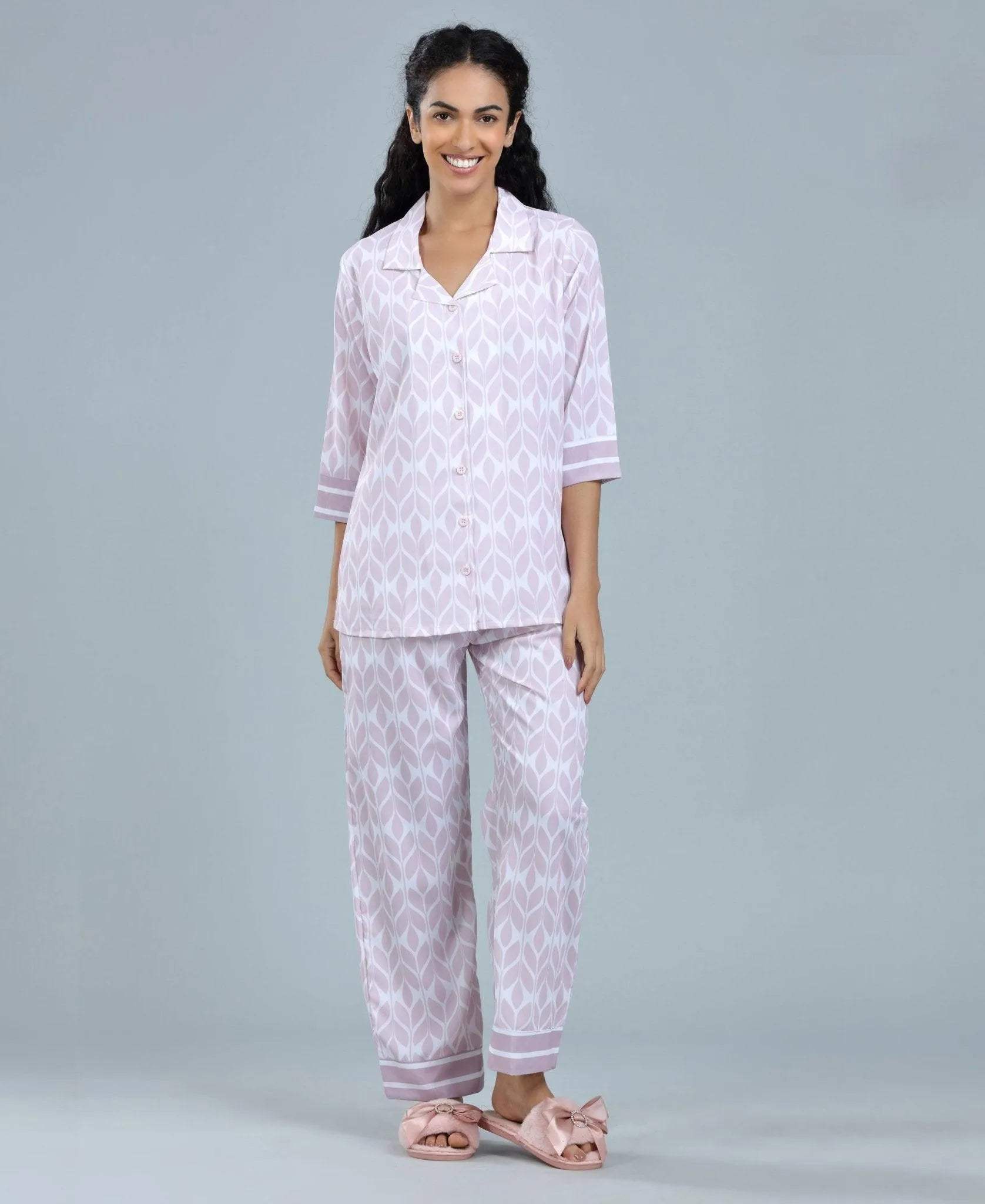Dreamy Geometric Print Satin Night Suit - Velure - Shirt and Pant - 3/4 Sleeves, Abstract Print, Collar Neck, Front Button Open, Full Length Pant, Satin