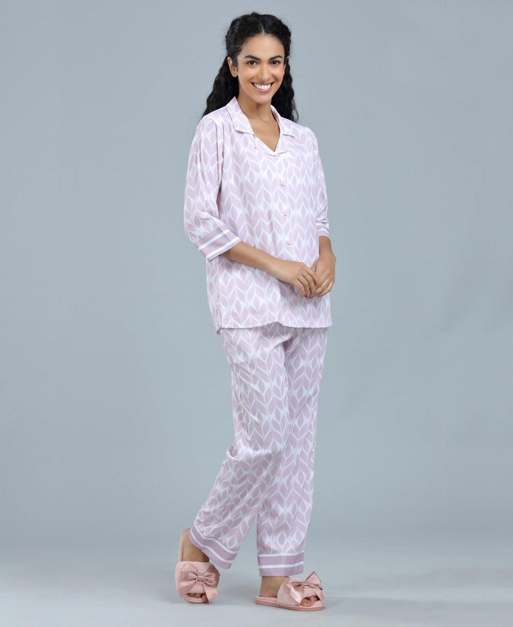 Dreamy Geometric Print Satin Night Suit - Velure - Shirt and Pant - 3/4 Sleeves, Abstract Print, Collar Neck, Front Button Open, Full Length Pant, Satin