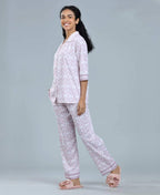 Dreamy Geometric Print Satin Night Suit - Velure - Shirt and Pant - 3/4 Sleeves, Abstract Print, Collar Neck, Front Button Open, Full Length Pant, Satin