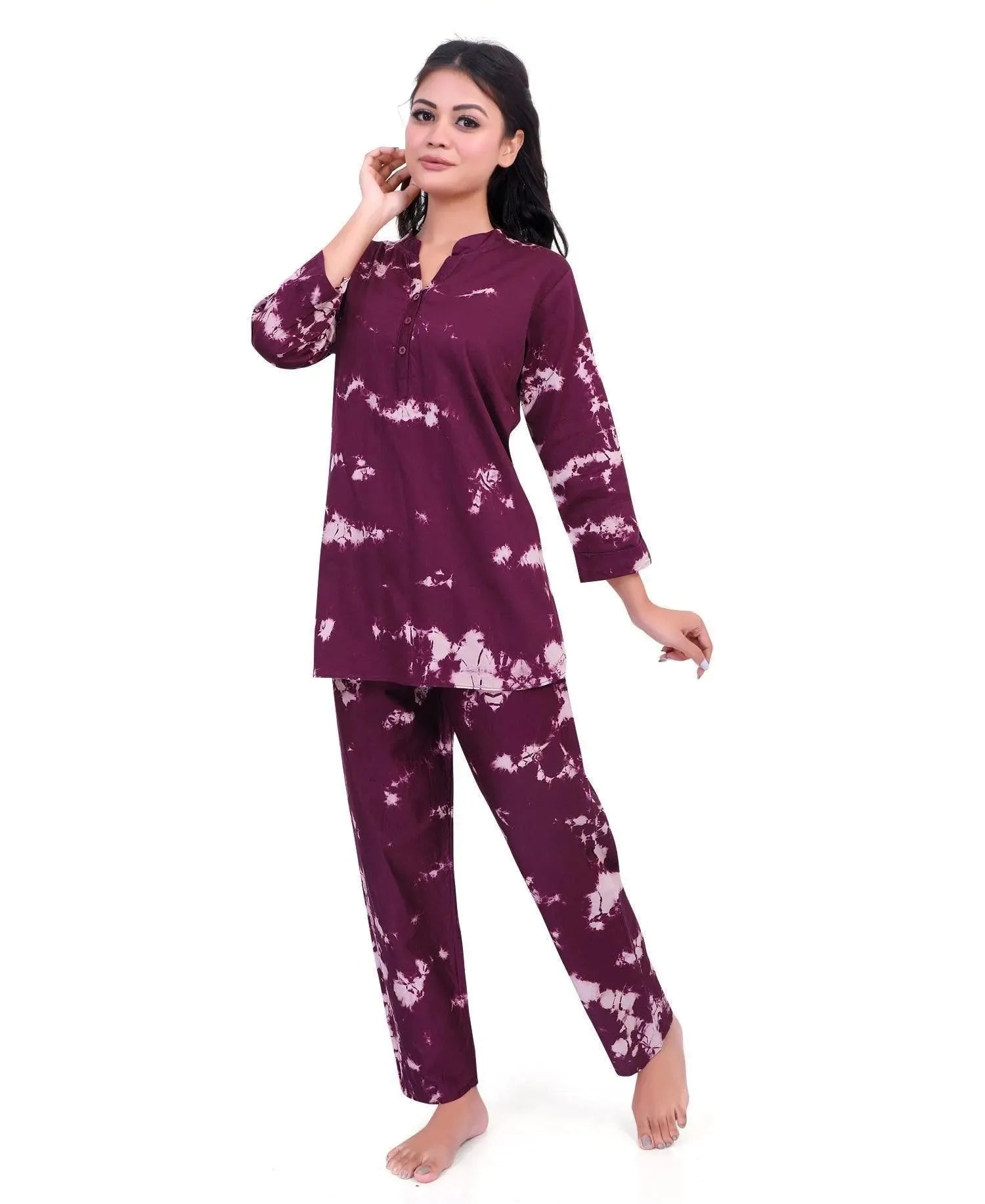 Ethnic Tie-Dye Kurti Style Set - Velure - Long Top and Pant - Collar Night Suit, Cotton, Full Length Pant, Half Sleeves, Long Top Night Suit