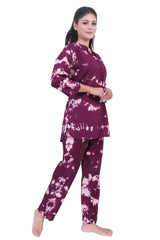 Ethnic Tie-Dye Kurti Style Set - Velure - Long Top and Pant - Collar Night Suit, Cotton, Full Length Pant, Half Sleeves, Long Top Night Suit