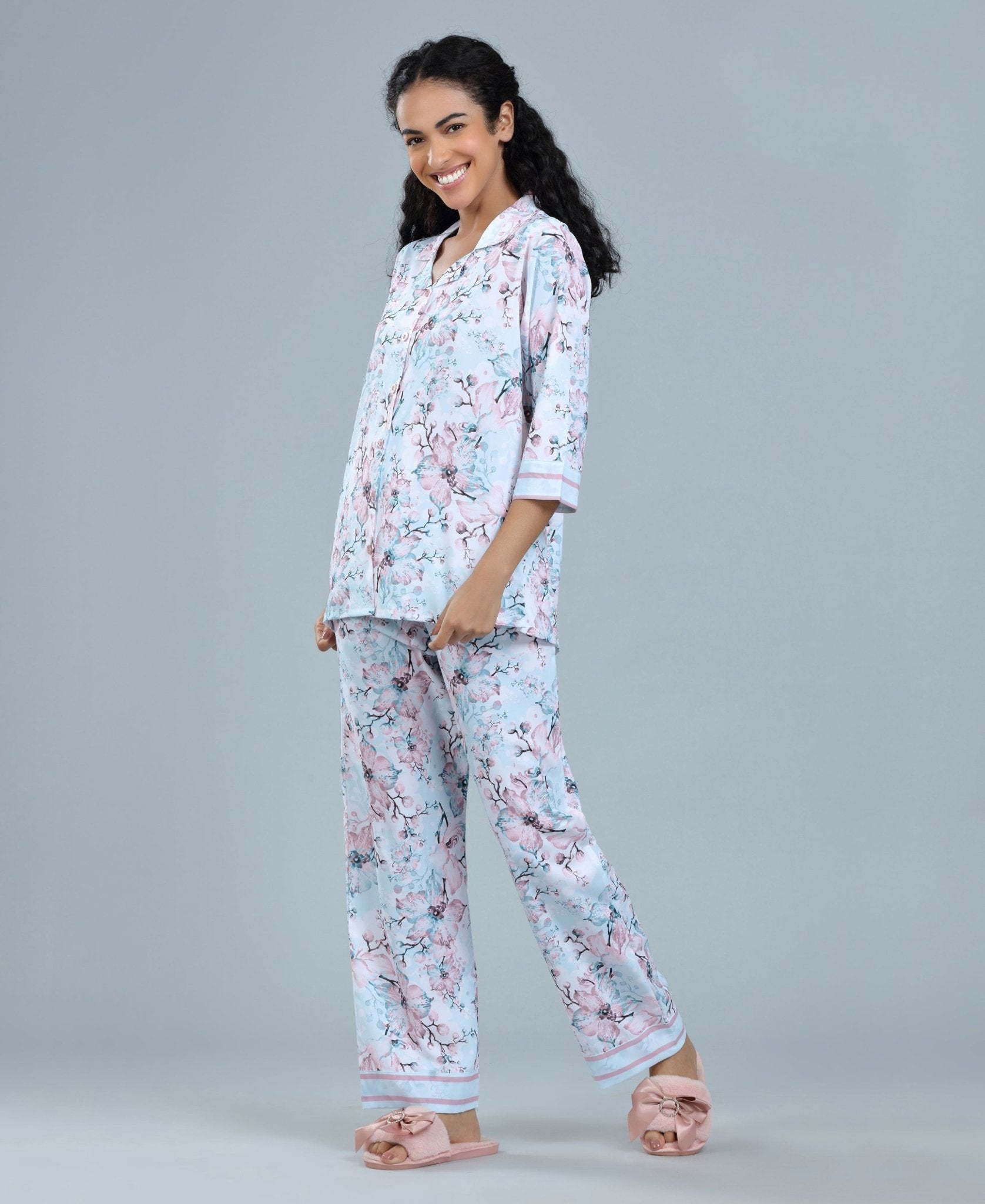 Floral Print Satin Night Suit - Velure - Shirt and Pant - 3/4 Sleeves, Collar Neck, Floral Print, Front Button Open, Full Length Pant, Satin