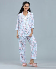 Floral Print Satin Night Suit - Velure - Shirt and Pant - 3/4 Sleeves, Collar Neck, Floral Print, Front Button Open, Full Length Pant, Satin