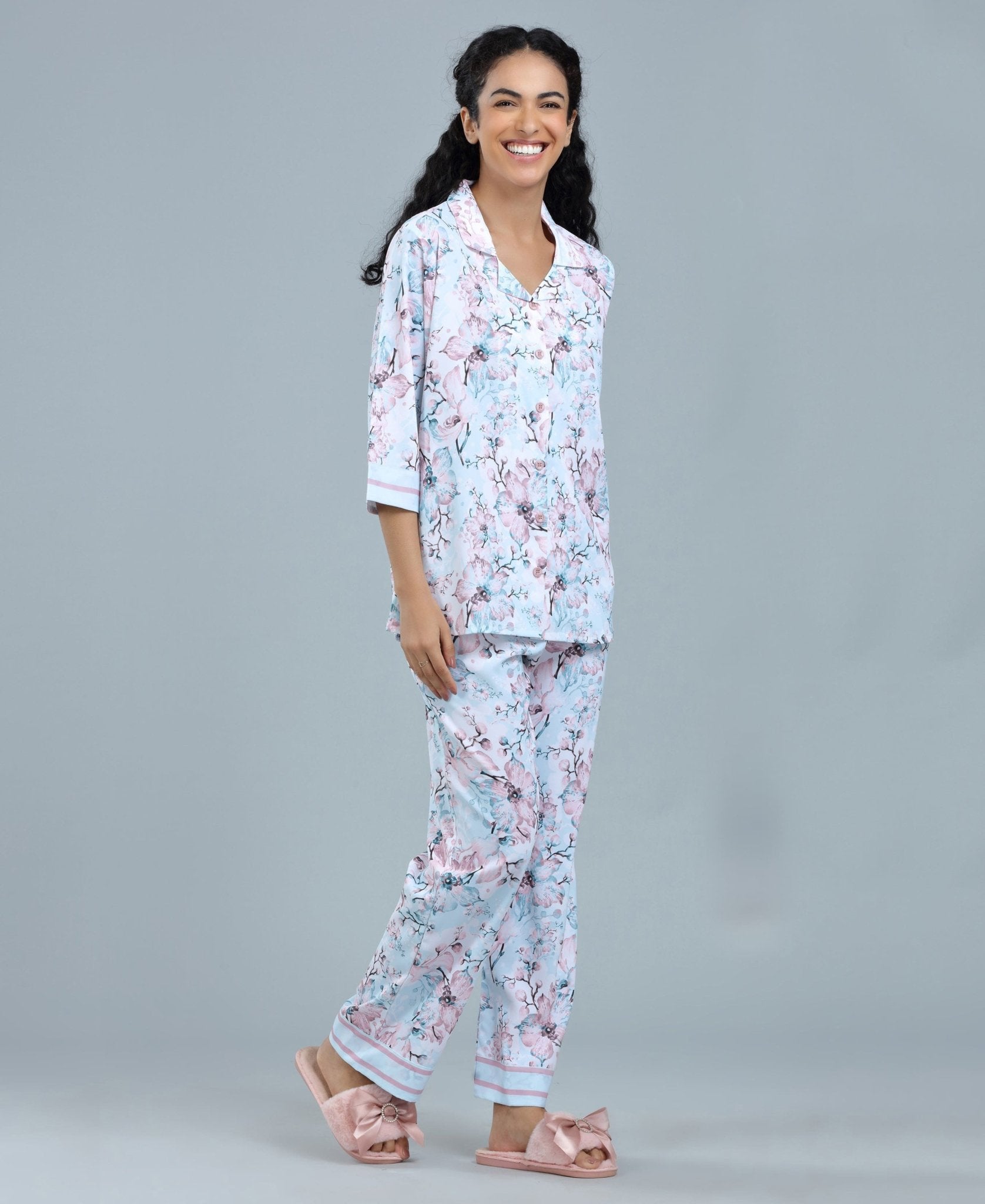 Floral Print Satin Night Suit - Velure - Shirt and Pant - 3/4 Sleeves, Collar Neck, Floral Print, Front Button Open, Full Length Pant, Satin