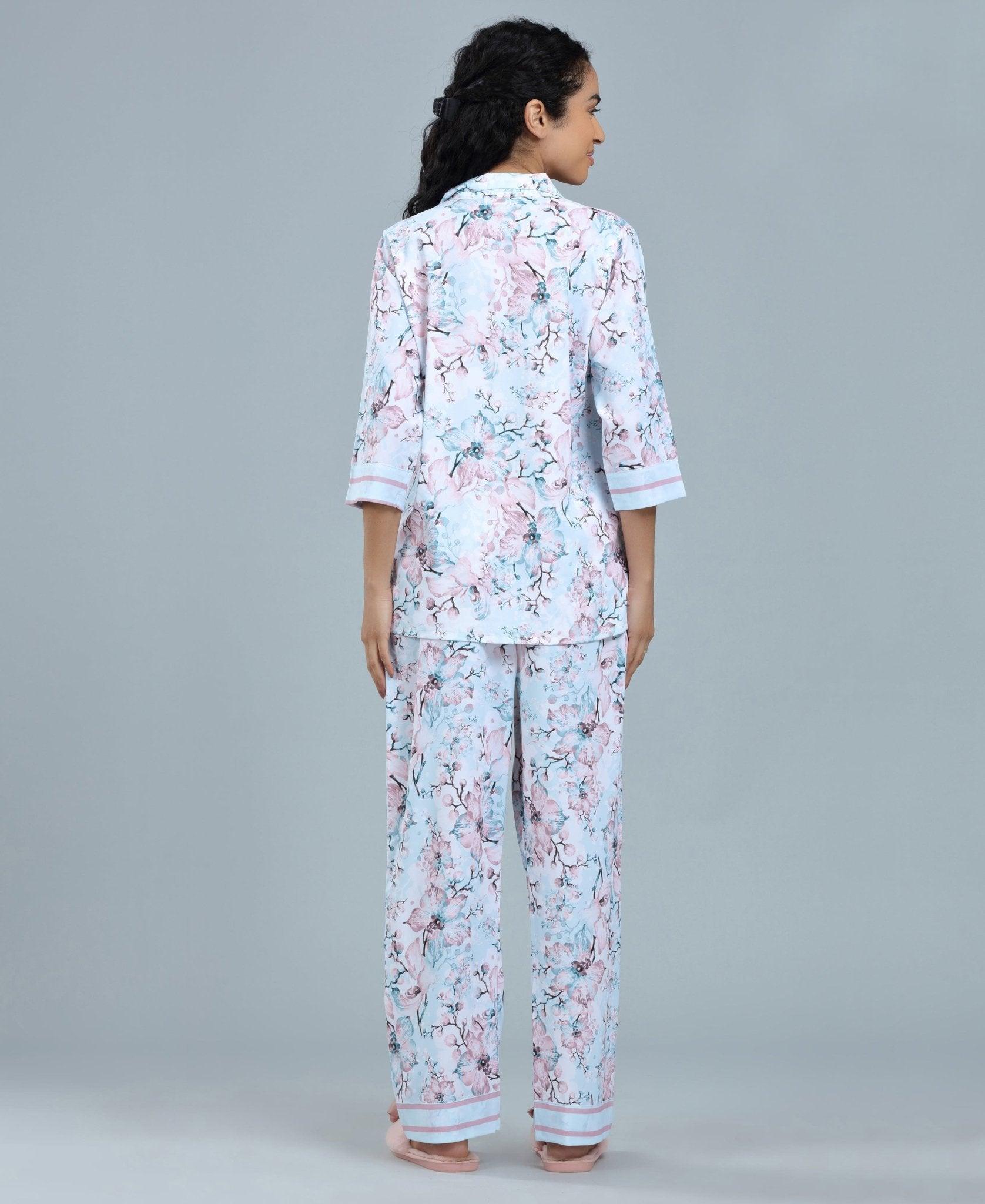 Floral Print Satin Night Suit - Velure - Shirt and Pant - 3/4 Sleeves, Collar Neck, Floral Print, Front Button Open, Full Length Pant, Satin