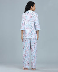 Floral Print Satin Night Suit - Velure - Shirt and Pant - 3/4 Sleeves, Collar Neck, Floral Print, Front Button Open, Full Length Pant, Satin