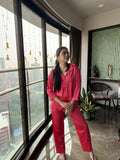 Velure Flerry Red Satin Night Suit - Velure - - 3/4 Sleeves, Collar Neck, Eye Mask, Front Button Open, Full Length Pant, Satin