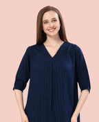 Velure Trendy Navy Blue Kurti Style Night Suit - Velure - - 3/4 Sleeves, Collar Neck, Cotton, Front Button Open, Full Length Pant
