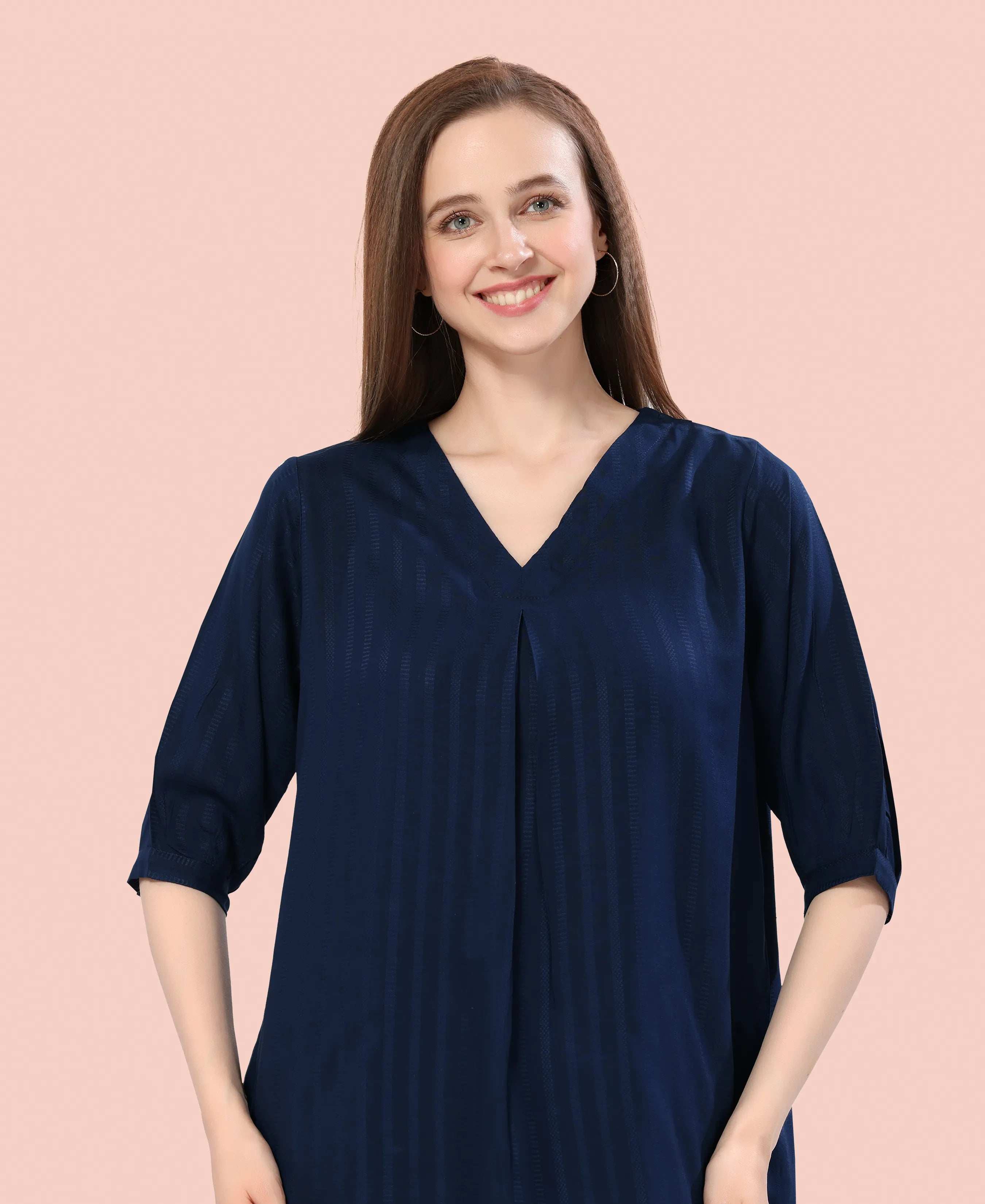 Velure Trendy Navy Blue Kurti Style Night Suit - Velure - - 3/4 Sleeves, Collar Neck, Cotton, Front Button Open, Full Length Pant