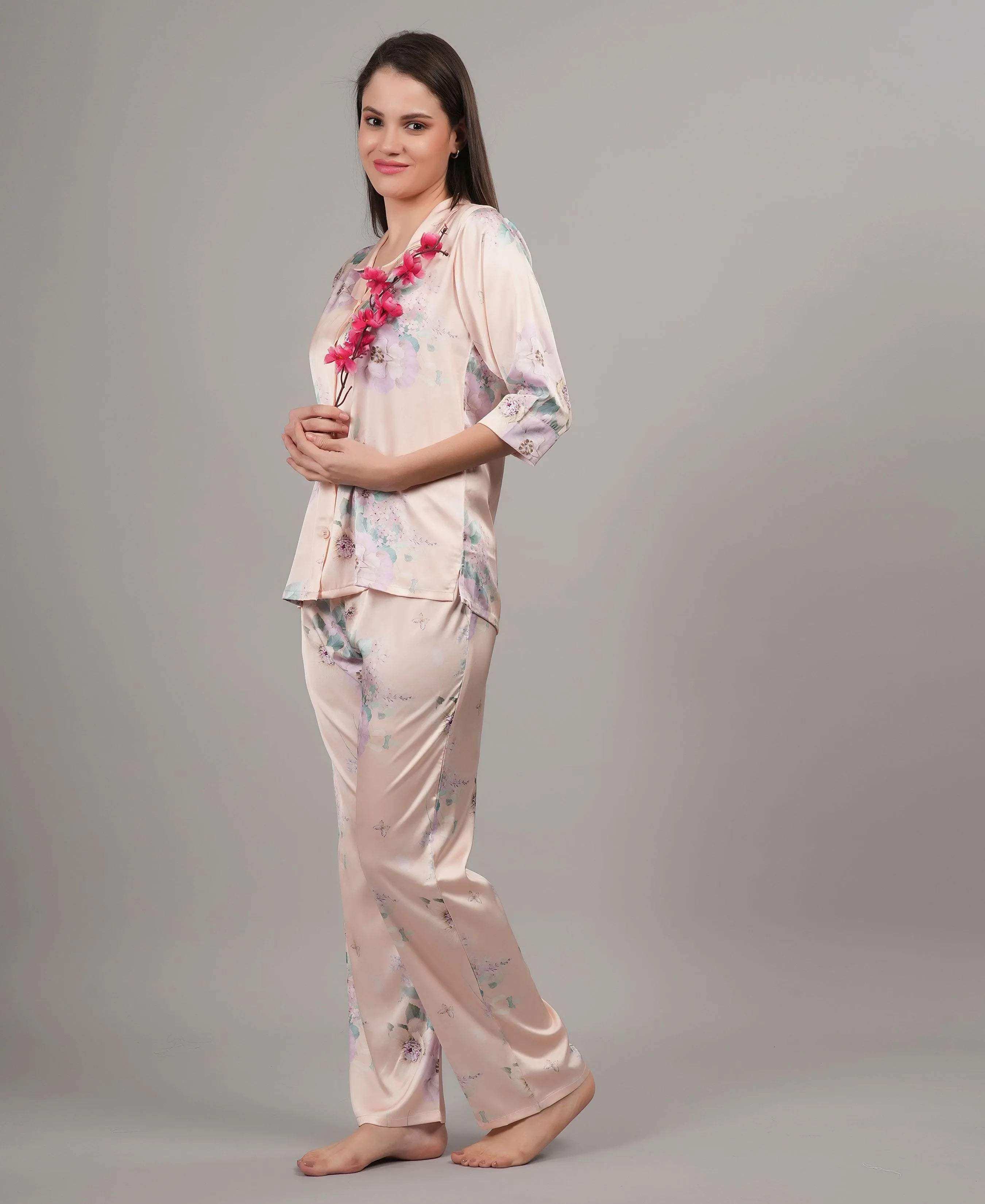 Velure Pleasant Floral Satin Print Night Suit - Velure - - 3/4 Sleeves, Collar Neck, Floral Print, Front Button Open, Full Length Pant, Satin