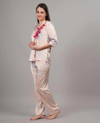 Velure Pleasant Floral Satin Print Night Suit - Velure, Shirt and Pant, Experience ultimate comfort with Velure's Pleasant Floral Print Satin Night Suit. Crafted from luxurious satin fabric, it showcases a stunning floral print and offers a full-sleeve shirt and full-length pants with an elastic waistband for optimal relaxation. Ideal for a peaceful night's rest or leisurely lounging.