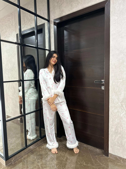 Velure Stylish Pink Fur Heart Print Night Suit - Velure - - Front Button Open, Full Length Pant, Fur, Satin