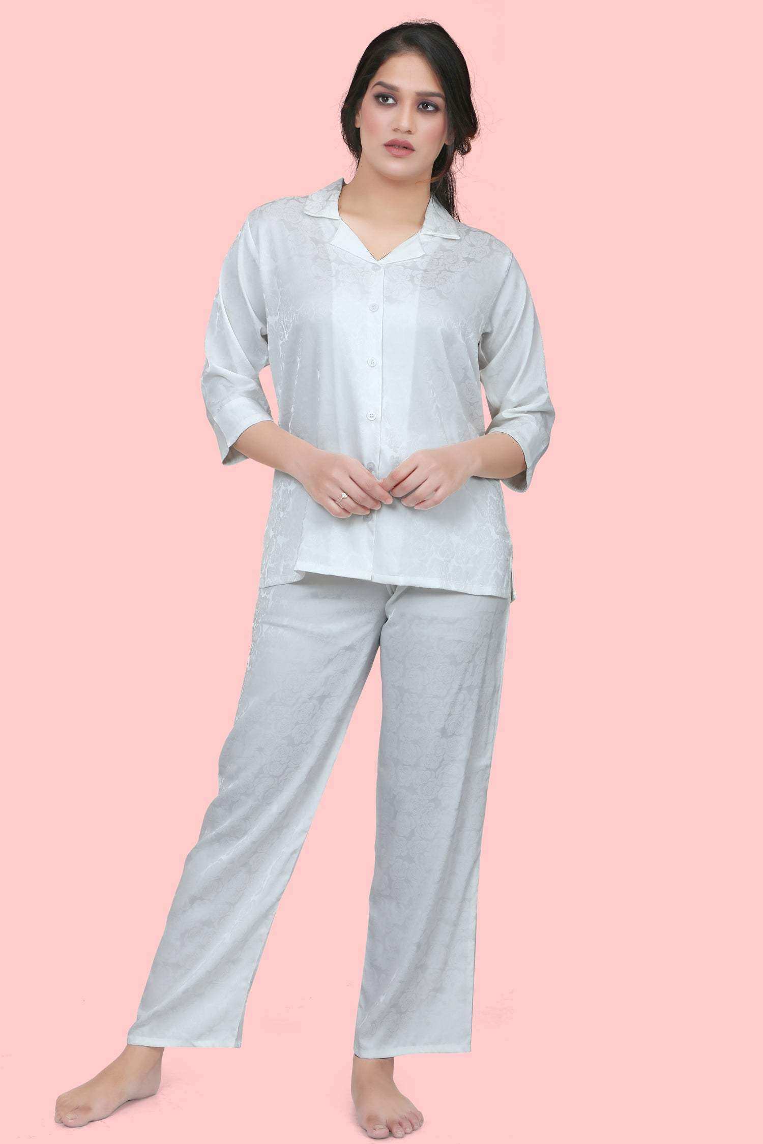 Velure Tunic Floral Print Satin Night Suit - Velure - - 3/4 Sleeves, Collar Neck, Front Button Open, Full Length Pant, Satin