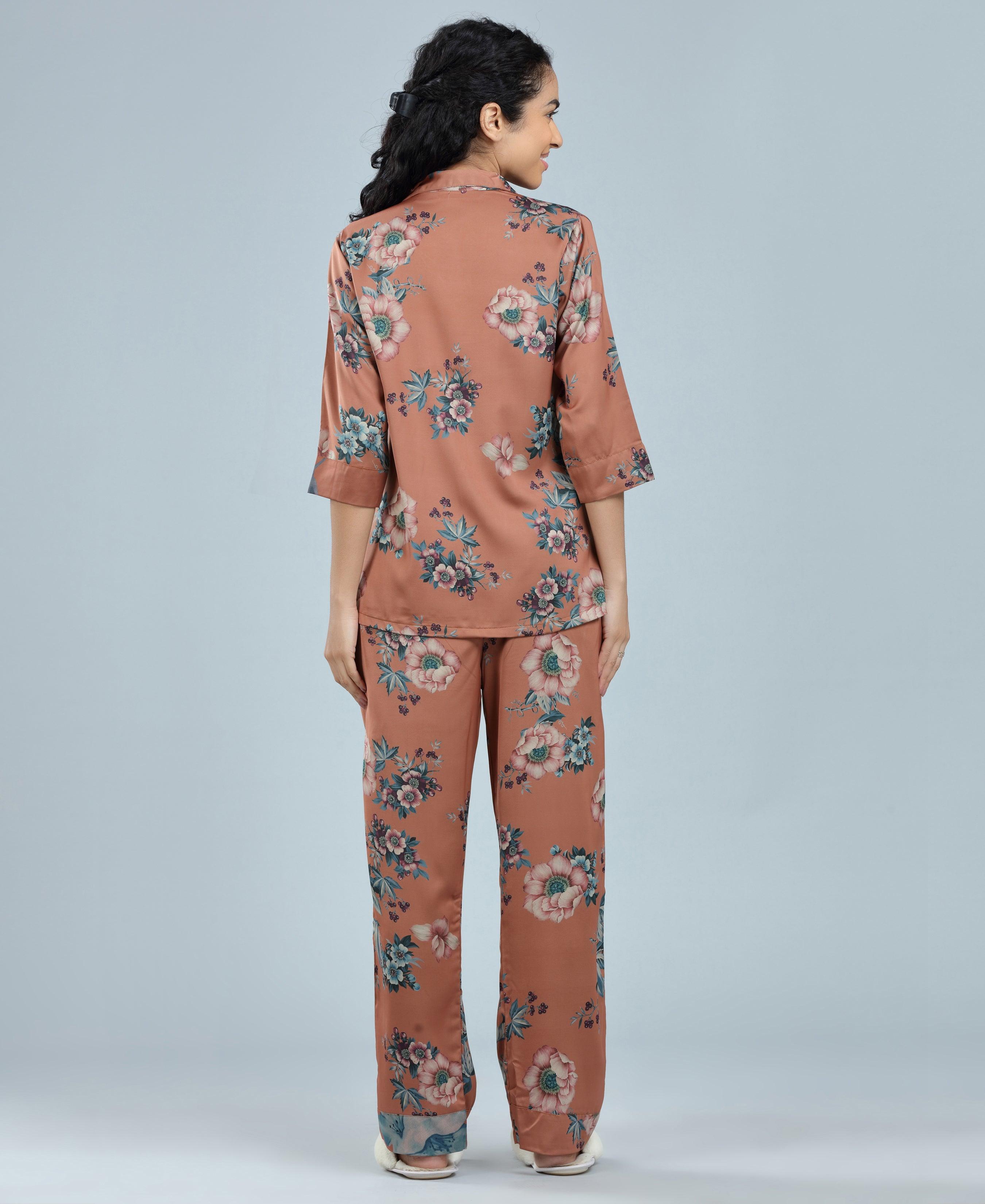 Velure Charming Relaxed Floral Print Night Suit - Velure - Shirt and Pant - 3/4 Sleeves, Collar Neck, Floral Print, Front Button Open, Full Length Pant, Satin