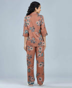 Velure Charming Relaxed Floral Print Night Suit - Velure - - 3/4 Sleeves, Collar Neck, Floral Print, Front Button Open, Full Length Pant, Satin