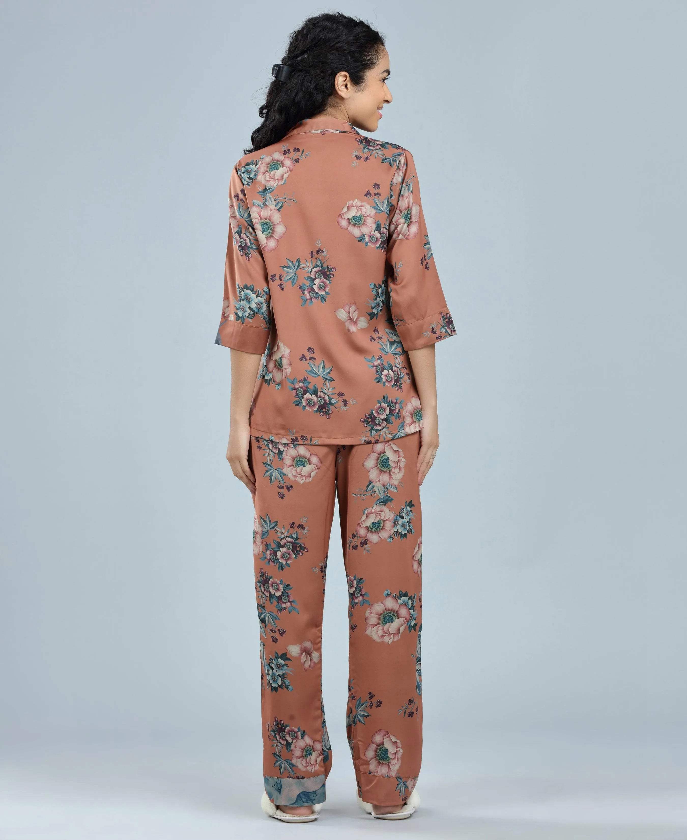 Velure Charming Relaxed Floral Print Night Suit - Velure - - 3/4 Sleeves, Collar Neck, Floral Print, Front Button Open, Full Length Pant, Satin