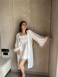 Velure White Satin 3 Piece Robe Set - Velure - - Fur, Robe, Satin, Shorts, Spaghetti