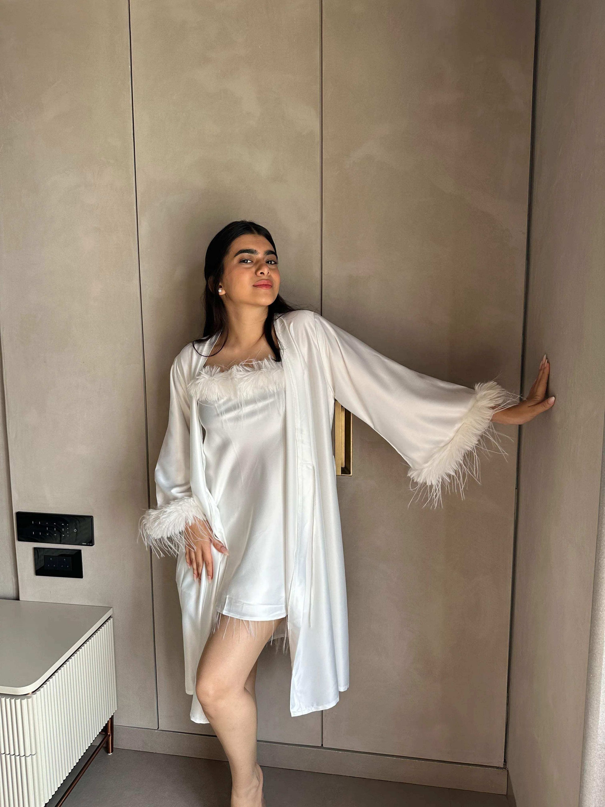 Velure White Satin 3 Piece Robe Set - Velure - - Fur, Robe, Satin, Shorts, Spaghetti