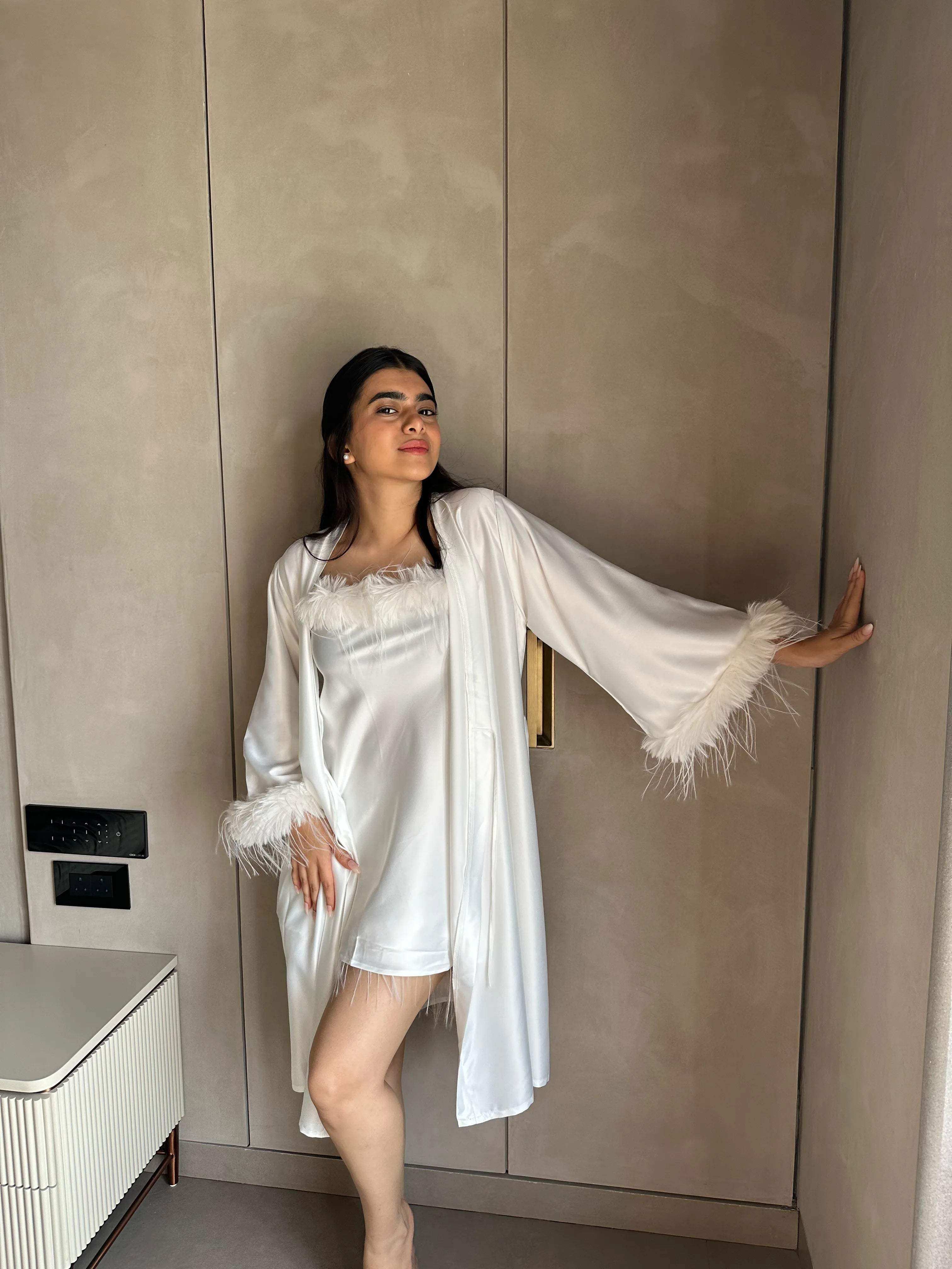 Velure White Satin 3 Piece Robe Set - Velure - - Fur, Robe, Satin, Shorts, Spaghetti