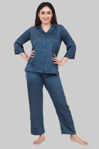 Velure Textured Intense Green Satin Night Suit - Velure - - 3/4 Sleeves, Collar Neck, Front Button Open, Full Length Pant, Satin