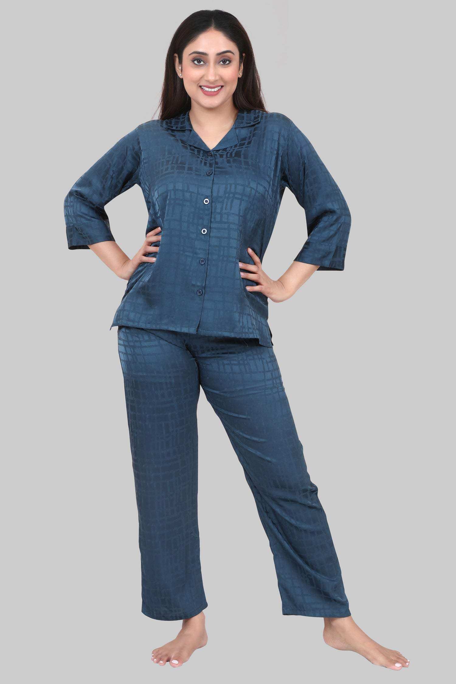 Velure Textured Intense Green Satin Night Suit - Velure - - 3/4 Sleeves, Collar Neck, Front Button Open, Full Length Pant, Satin