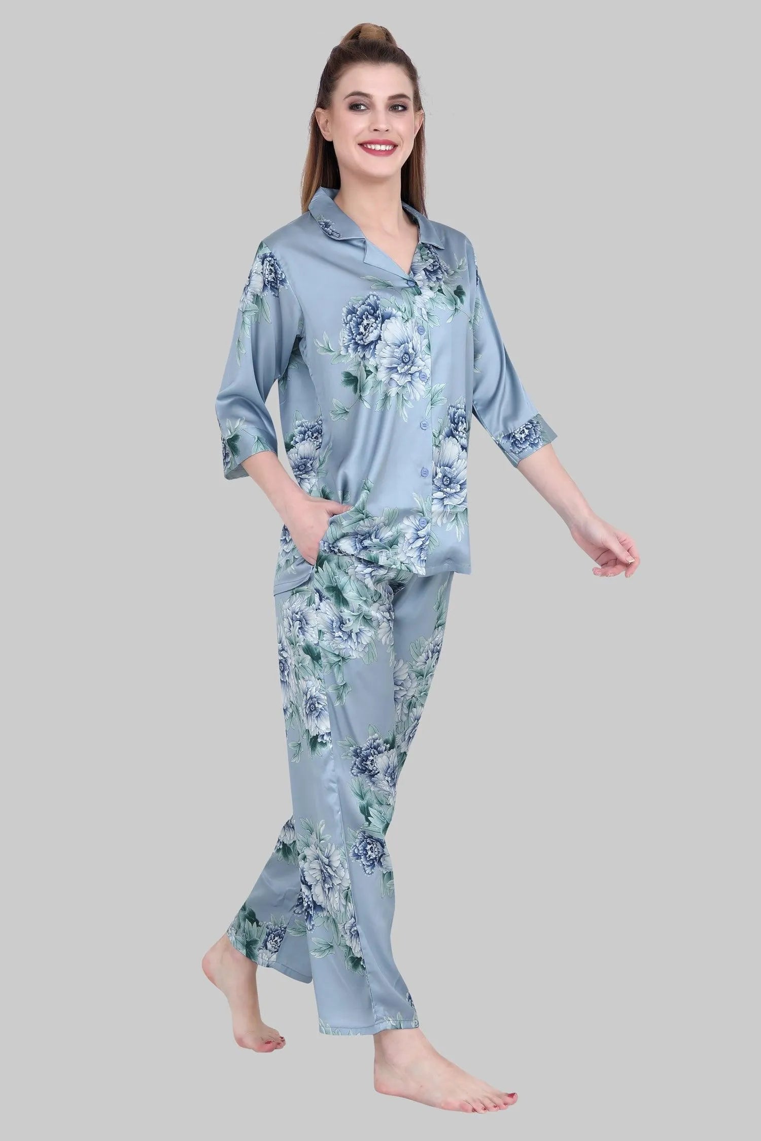 Velure Appealing Floral Print Satin Night Suit - Velure, Shirt and Pant, Step out in style with this grey floral night suit from Velure be a great addition to your wardrobe. Tailored to perfection from premium satin fabric, it offers a soft and soothing feel against the skin. The satin collar adds an elegant and sophisticated touch to the overall look.