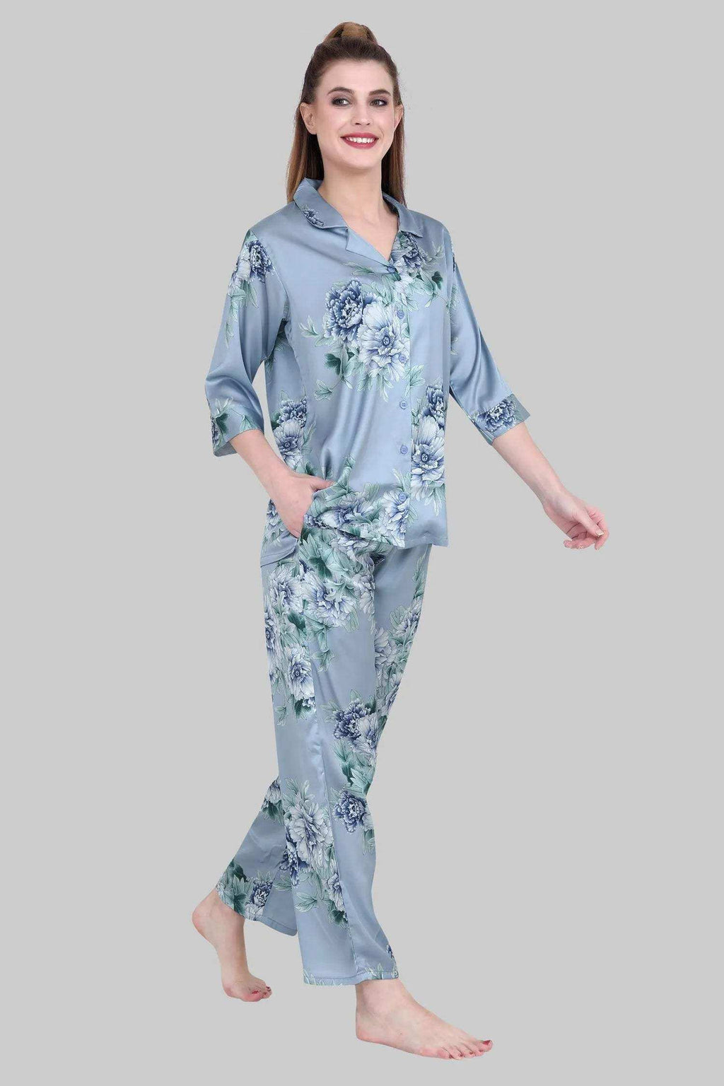 Velure Appealing Floral Print Satin Night Suit - Velure - - 3/4 Sleeves, Collar Neck, Floral Print, Front Button Open, Full Length Pant, Satin