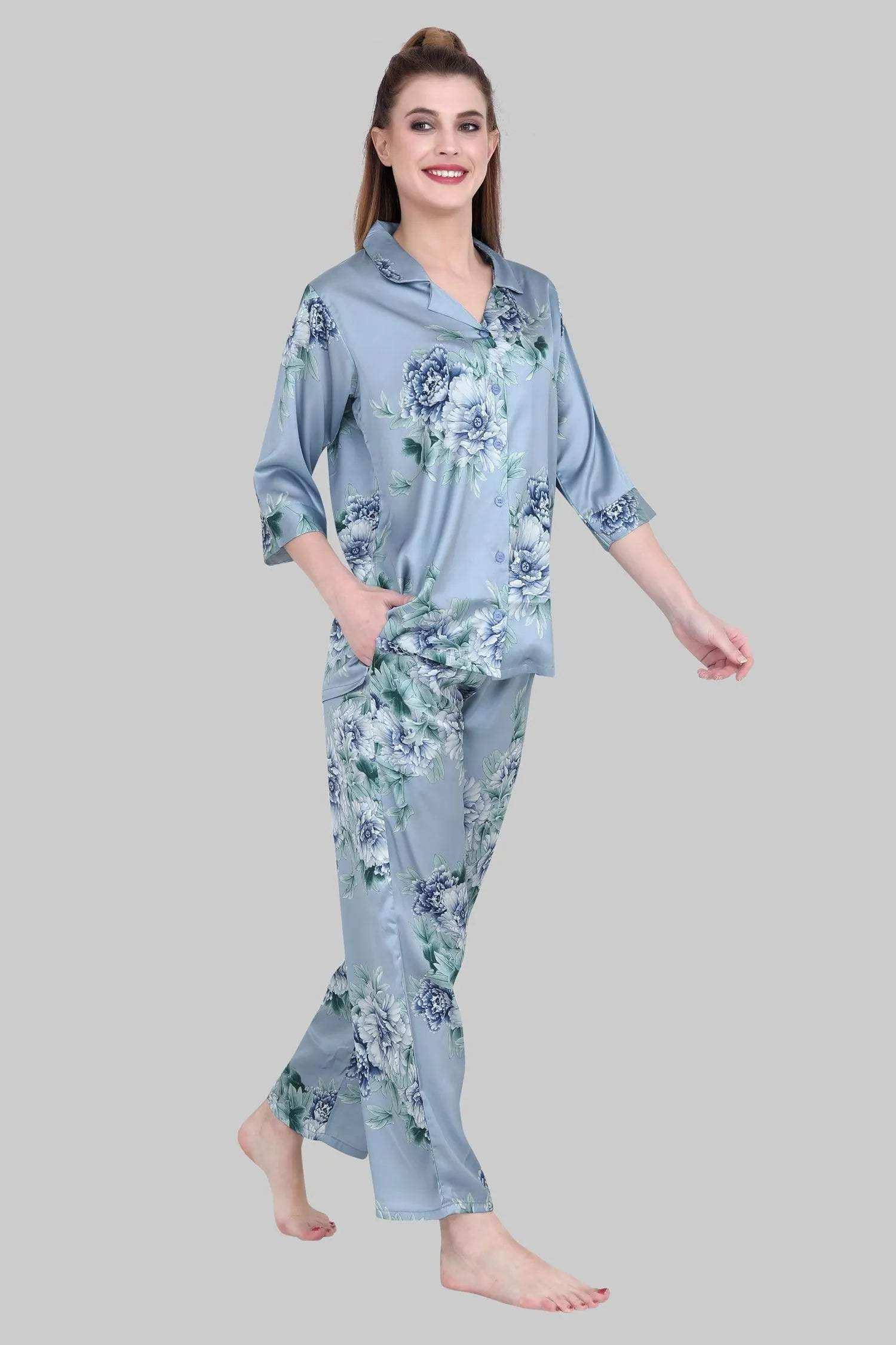 Velure Appealing Floral Print Satin Night Suit - Velure - - 3/4 Sleeves, Collar Neck, Floral Print, Front Button Open, Full Length Pant, Satin