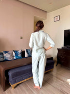 Velure Mint Cotton Essence Night Suit - Velure - - 3/4 Sleeves, Collar Neck, Cotton, Detail-scallop, Front Button Open, Full Length Pant