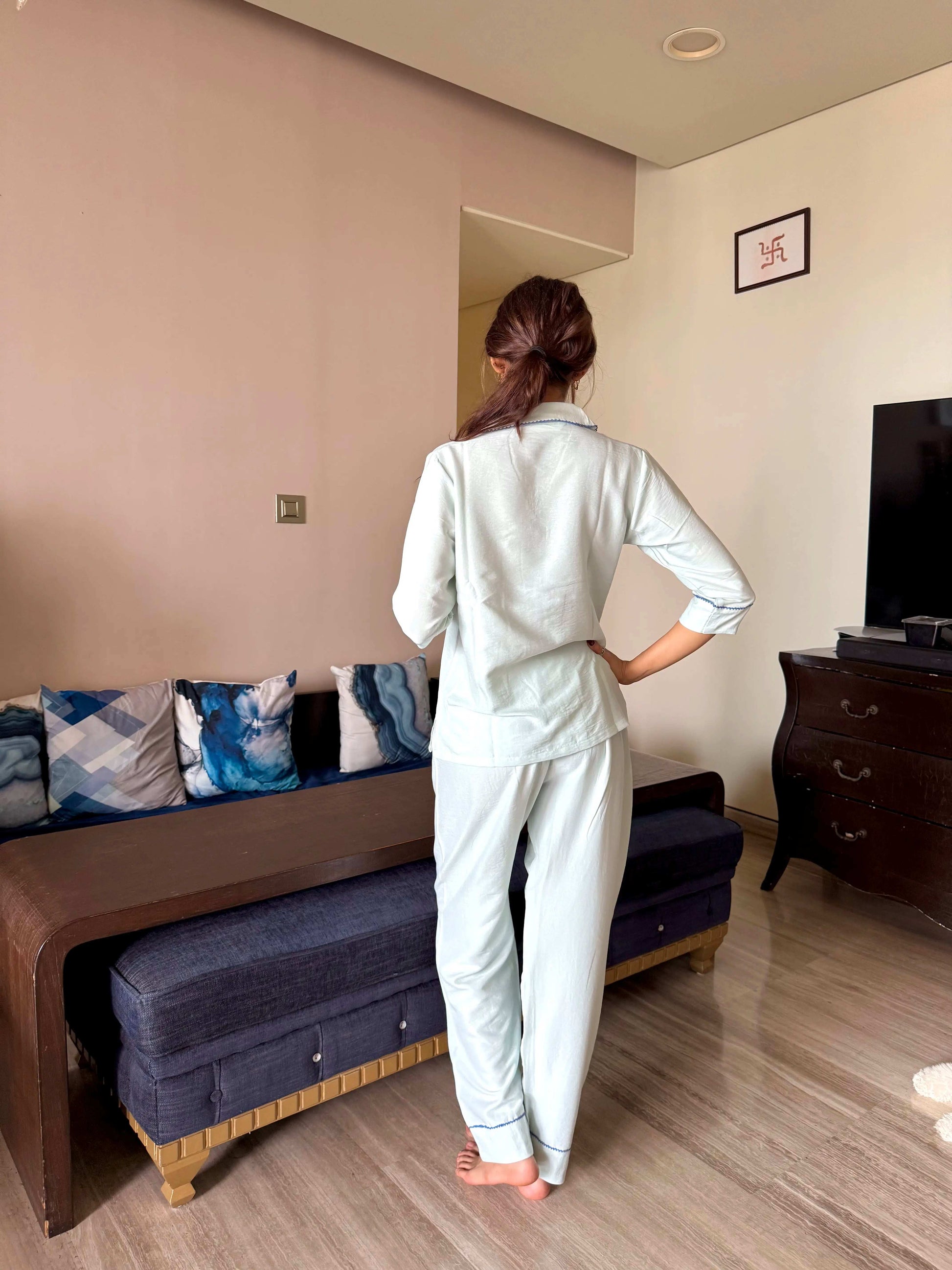 Velure Mint Cotton Essence Night Suit - Velure - - 3/4 Sleeves, Collar Neck, Cotton, Front Button Open, Full Length Pant