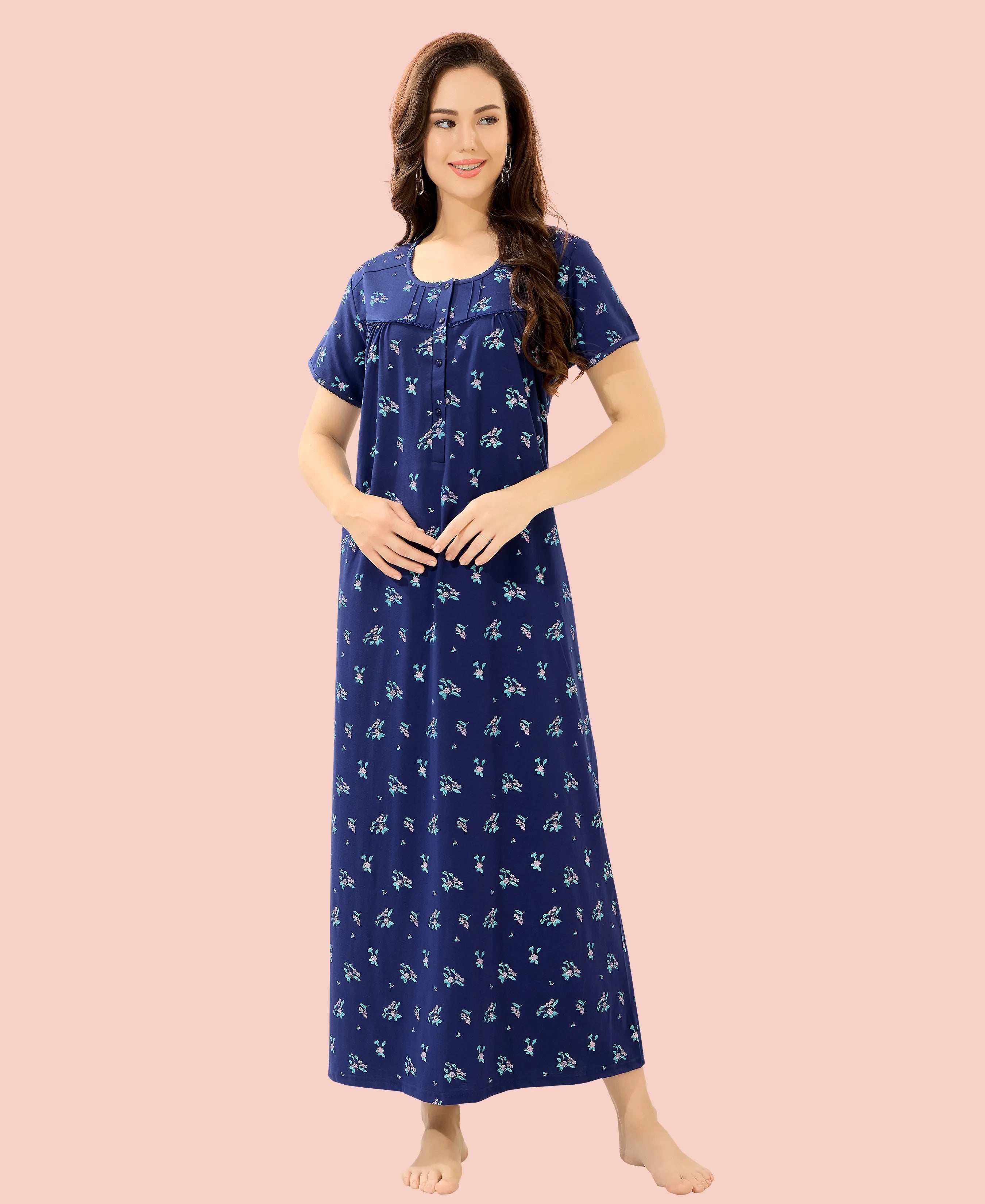 Velure Floral Print Hosiery Nighty - Velure - Nighty - Floral Print, Full Length Nighty, Half Sleeves Nighty, Hosiery Cotton