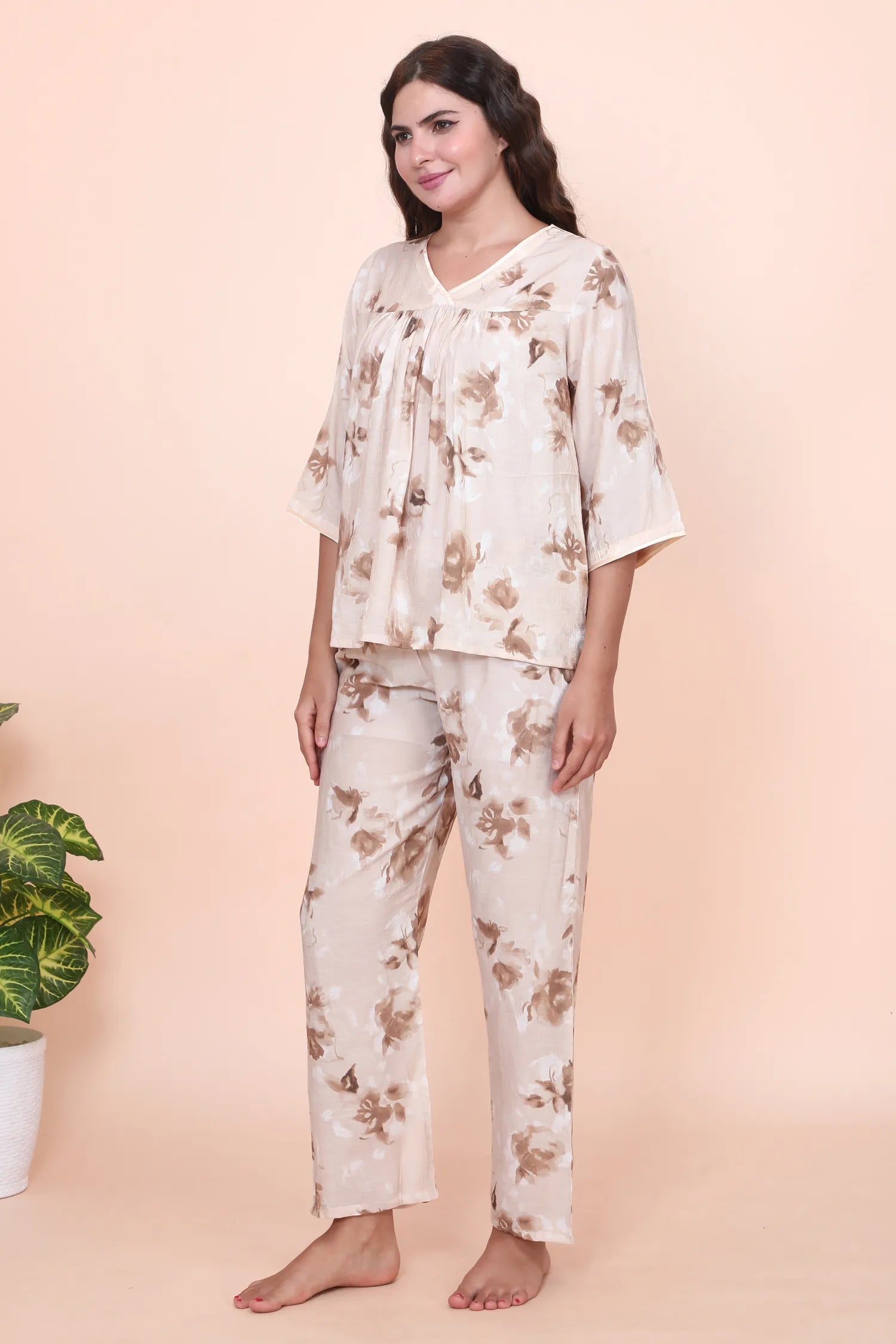 Velure Trendy Brown Floral Print Frock-Style Night Suit - Velure - - 3/4 Sleeves, Cotton, Frock Style, Full Length Pant, Linen, V Neck