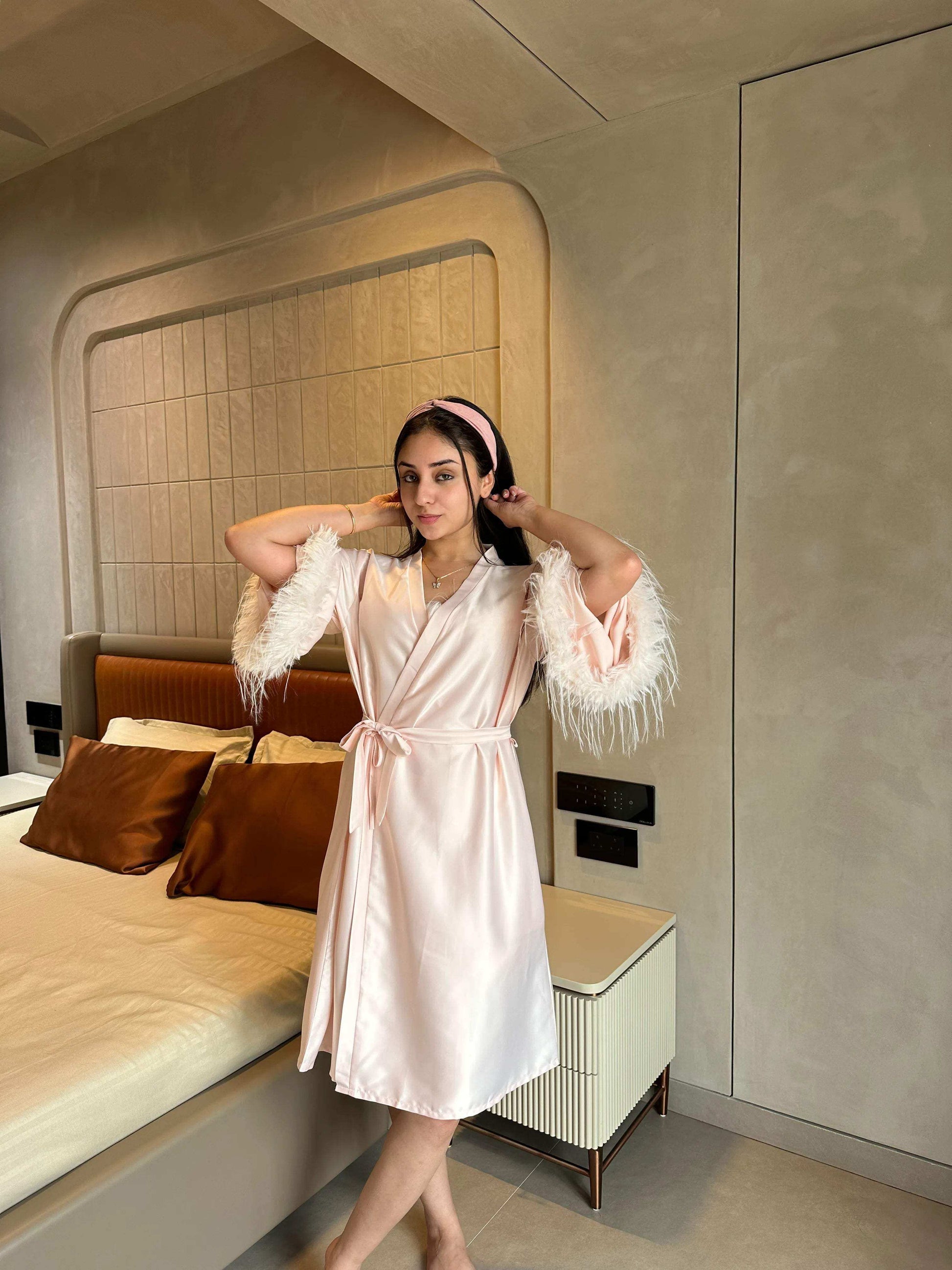 Velure Satin 3 Piece Peach Robe Set - Velure - - Fur, Robe, Satin, Shorts, Spaghetti