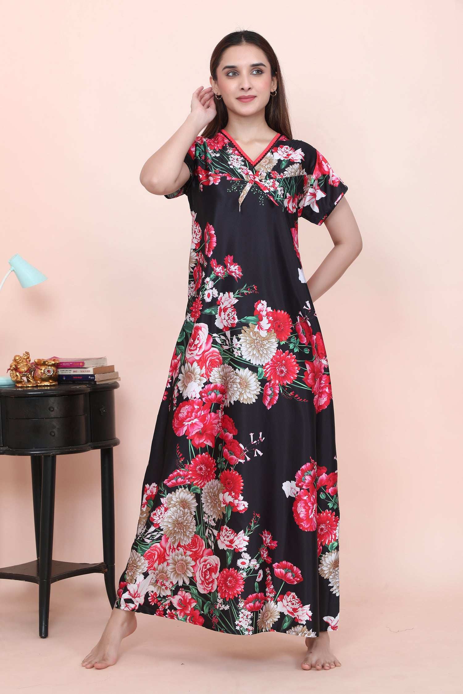 Velure Stunning Floral Print Satin Nighty - Velure - - Floral Print, Full Length Nighty, Half Sleeves Nighty