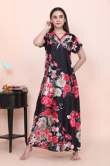 Velure Stunning Floral Print Satin Nighty - Velure - - Floral Print, Full Length Nighty, Half Sleeves Nighty