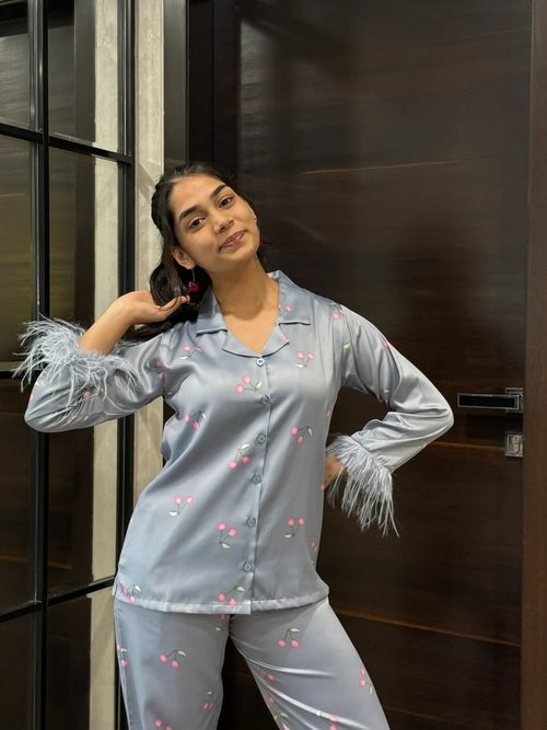 Velure Cute Grey Cherry Fur Satin Sleepwear Set - Velure - - 3/4 Sleeves, Collar Neck, Front Button Open, Full Length Pant, Satin