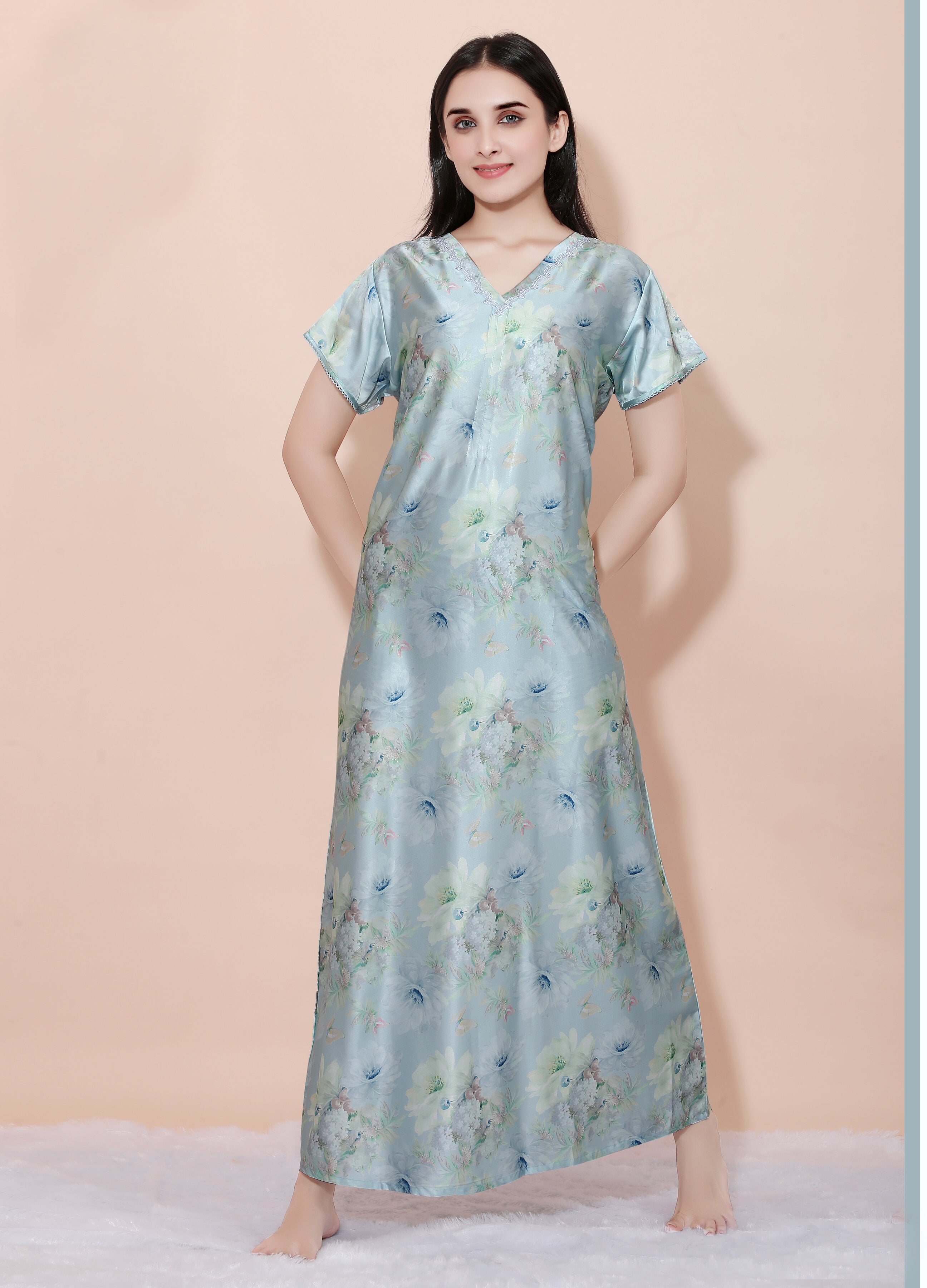 Velure Italian Captivating Blue Floral Print Satin Nighty - Velure - Nighty - Floral Print, Full Length Nighty, Half Sleeves Nighty, Satin