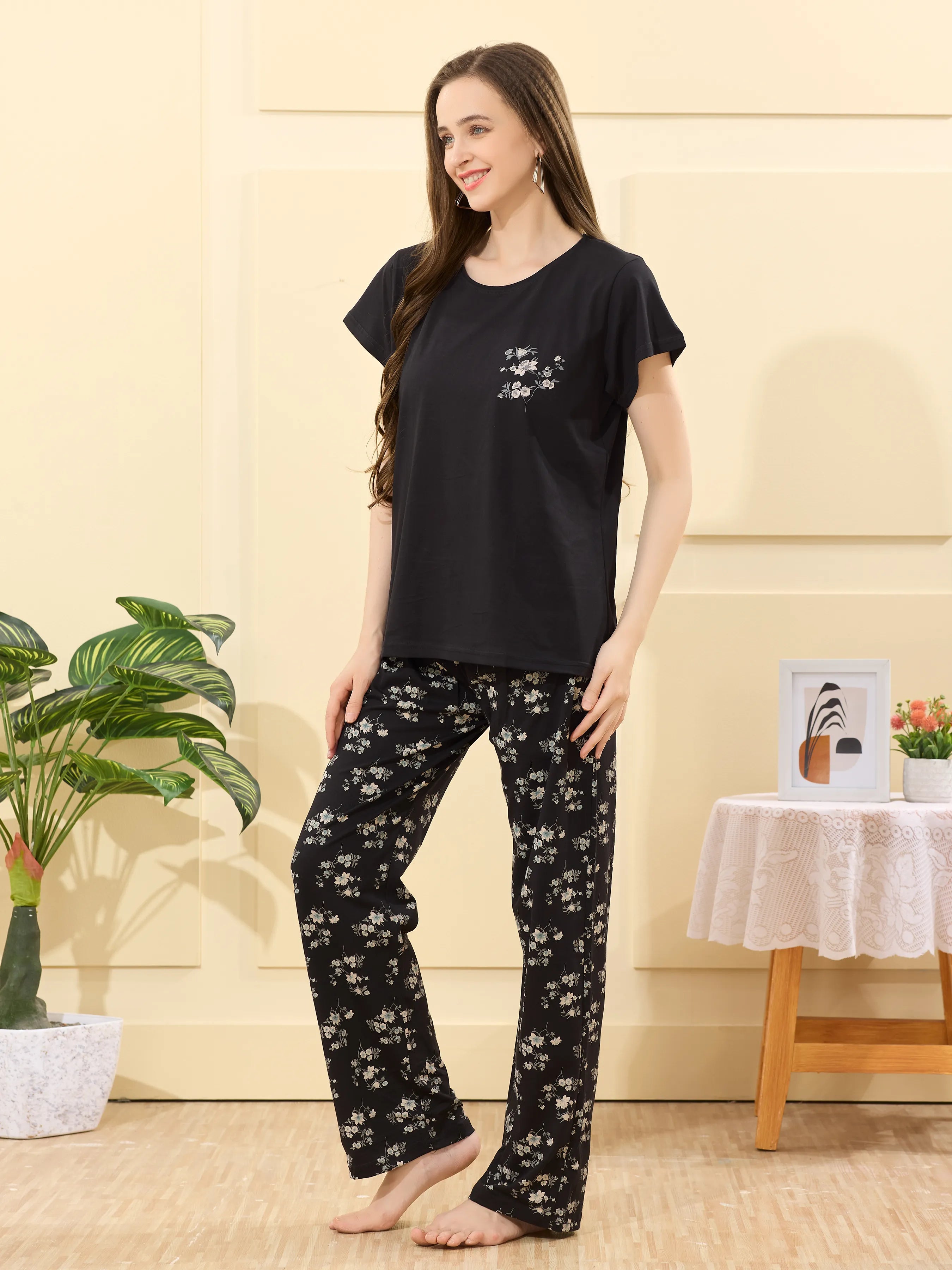 Velure Stylish Floral Printed Pajama Set - Velure - - Cotton Lycra Fabric, Full Length Pant, Half Sleeves, Round neck nightsuit