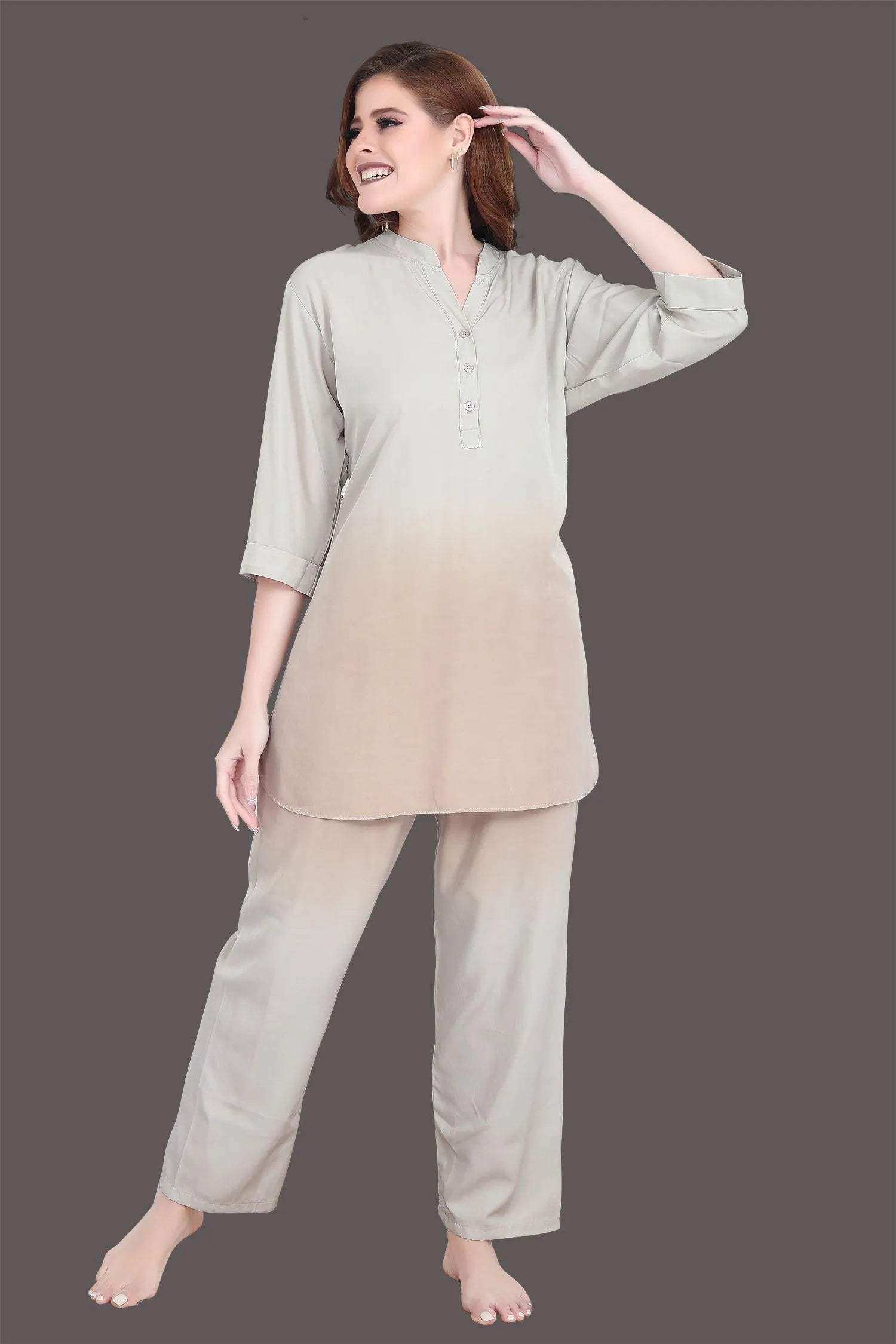 Velure Stunning Dual Shade Kurti Style Night Suit - Velure - - 3/4 Sleeves, Collar Neck, Cotton, Front Button Open, Full Length Pant