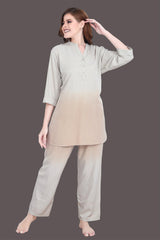 Velure Stunning Dual Shade Kurti Style Night Suit - Velure - Long Top and Pant - 3/4 Sleeves, Collar Neck, Cotton, Front Button Open, Full Length Pant