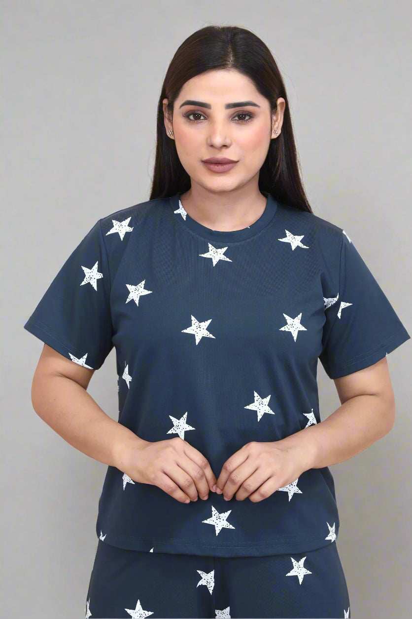 Velure Glossy Star Print Palazzo Night Suit - Velure - - Cotton Lycra Fabric, Full Length Pant, Half Sleeves, Round neck