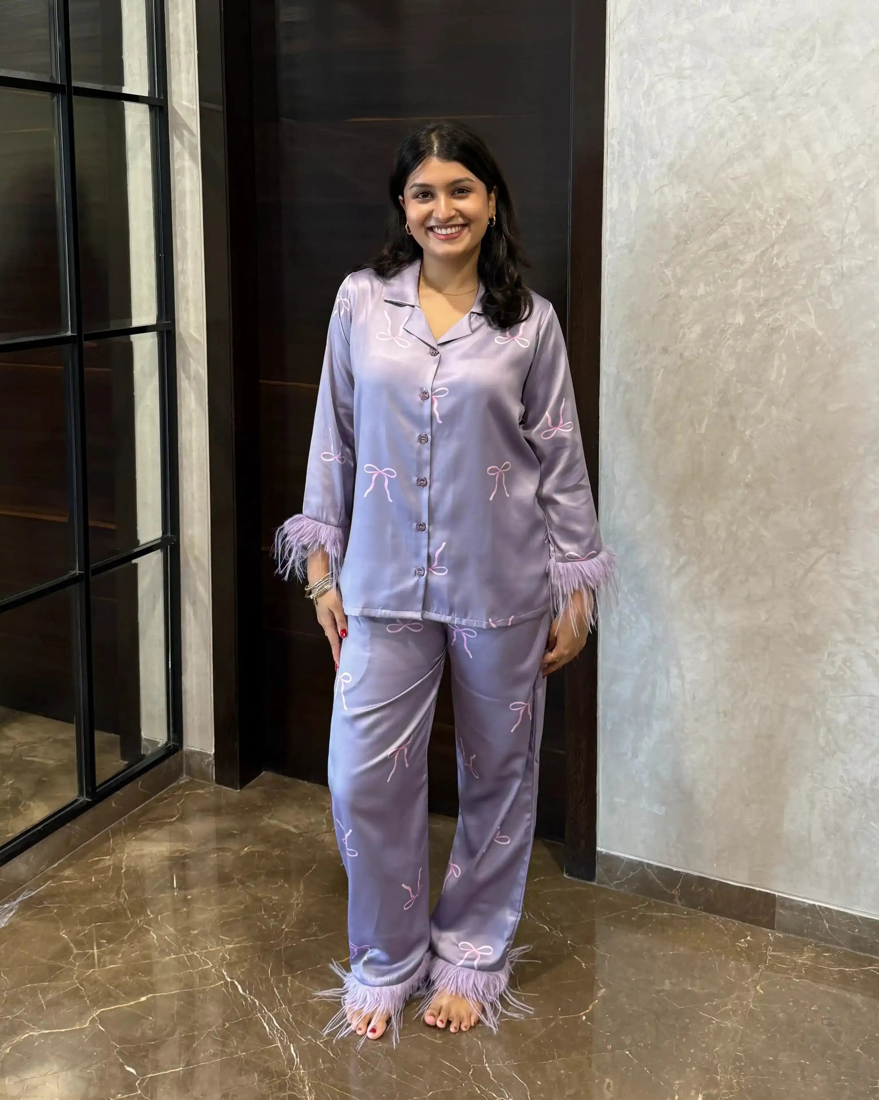 Velure Embellished Bow Fur Satin Sleepwear Set - Velure - - 3/4 Sleeves, Collar Neck, Front Button Open, Full Length Pant, Printed, Satin
