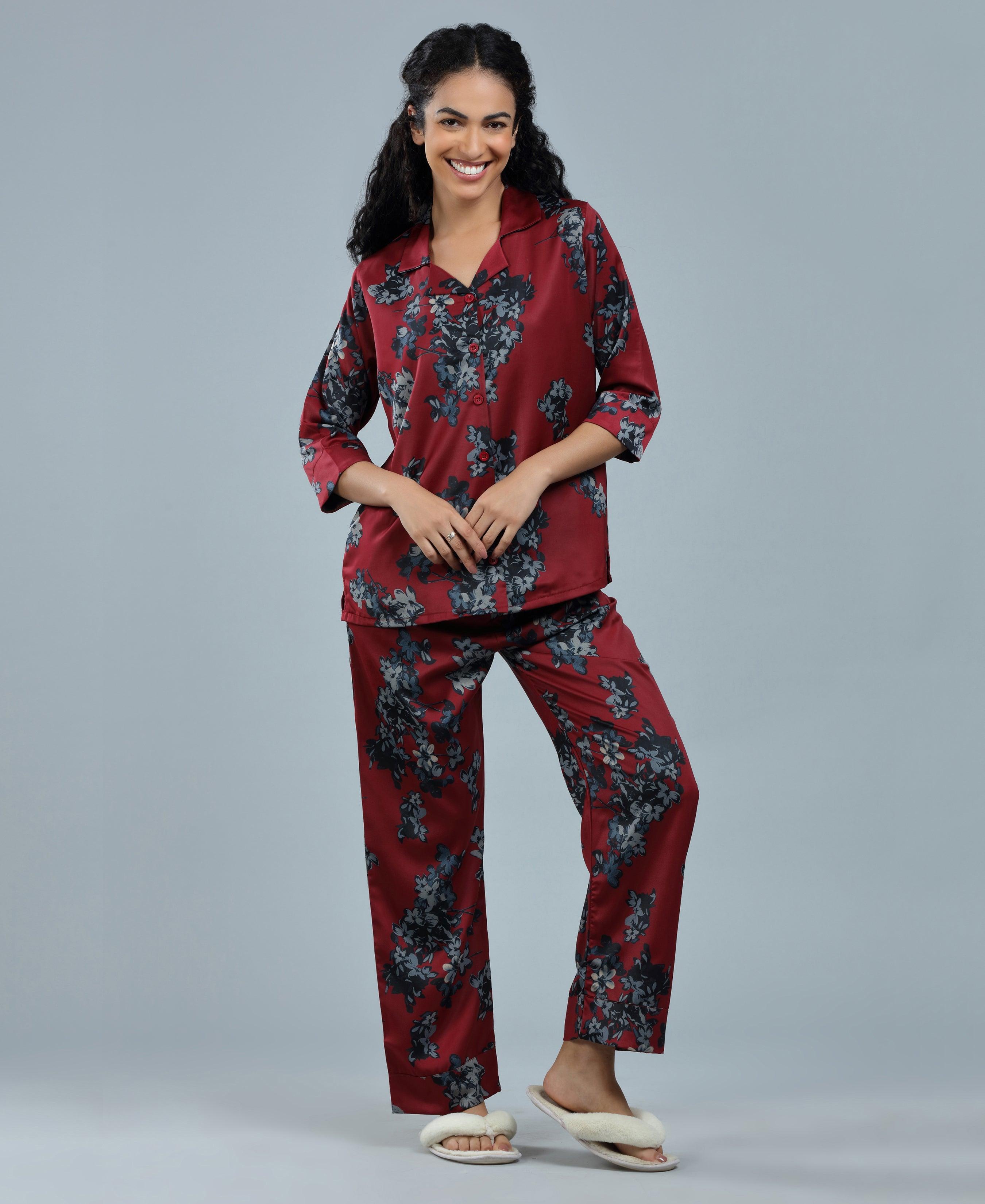 Velure Beautiful Floral Print Night Suit - Velure - Shirt and Pant - 3/4 Sleeves, Collar Neck, Floral Print, Front Button Open, Full Length Pant, Satin