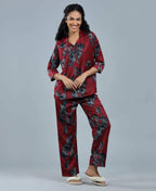 Velure Beautiful Floral Print Night Suit - Velure - - 3/4 Sleeves, Collar Neck, Floral Print, Front Button Open, Full Length Pant, Satin