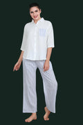 Velure Blue Stripes Casual Co-ord Set - Velure - - 3/4 Sleeves, Collar Neck, Cotton, Front Button Open, Full Length Pant, Stripes