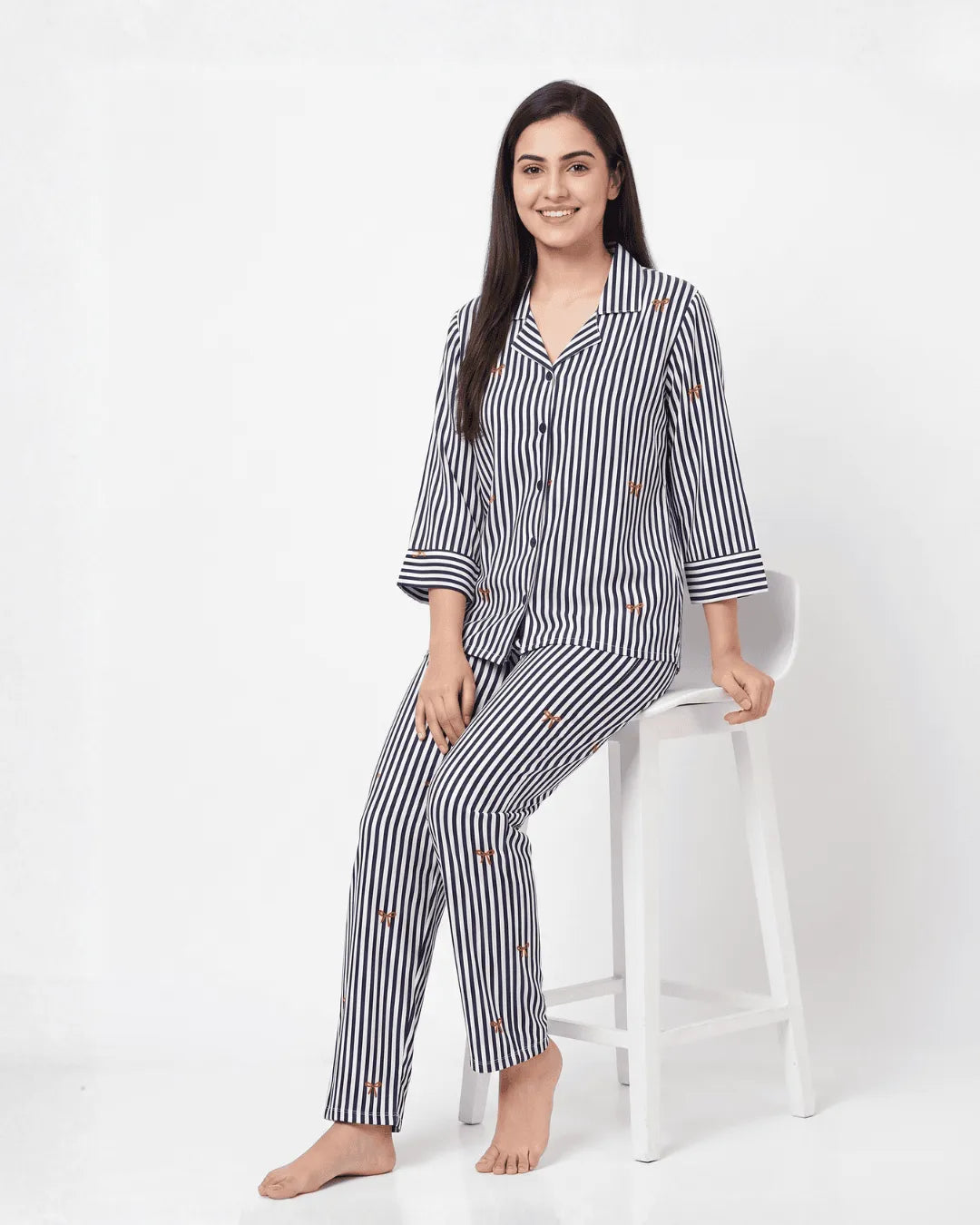 Velure Midnight Bow & Stripe Night Suit
