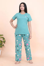 Velure Classic Star Print Pajama Set - Velure - - Cotton Lycra Fabric, Full Length Pant, Half Sleeves, Round neck nightsuit