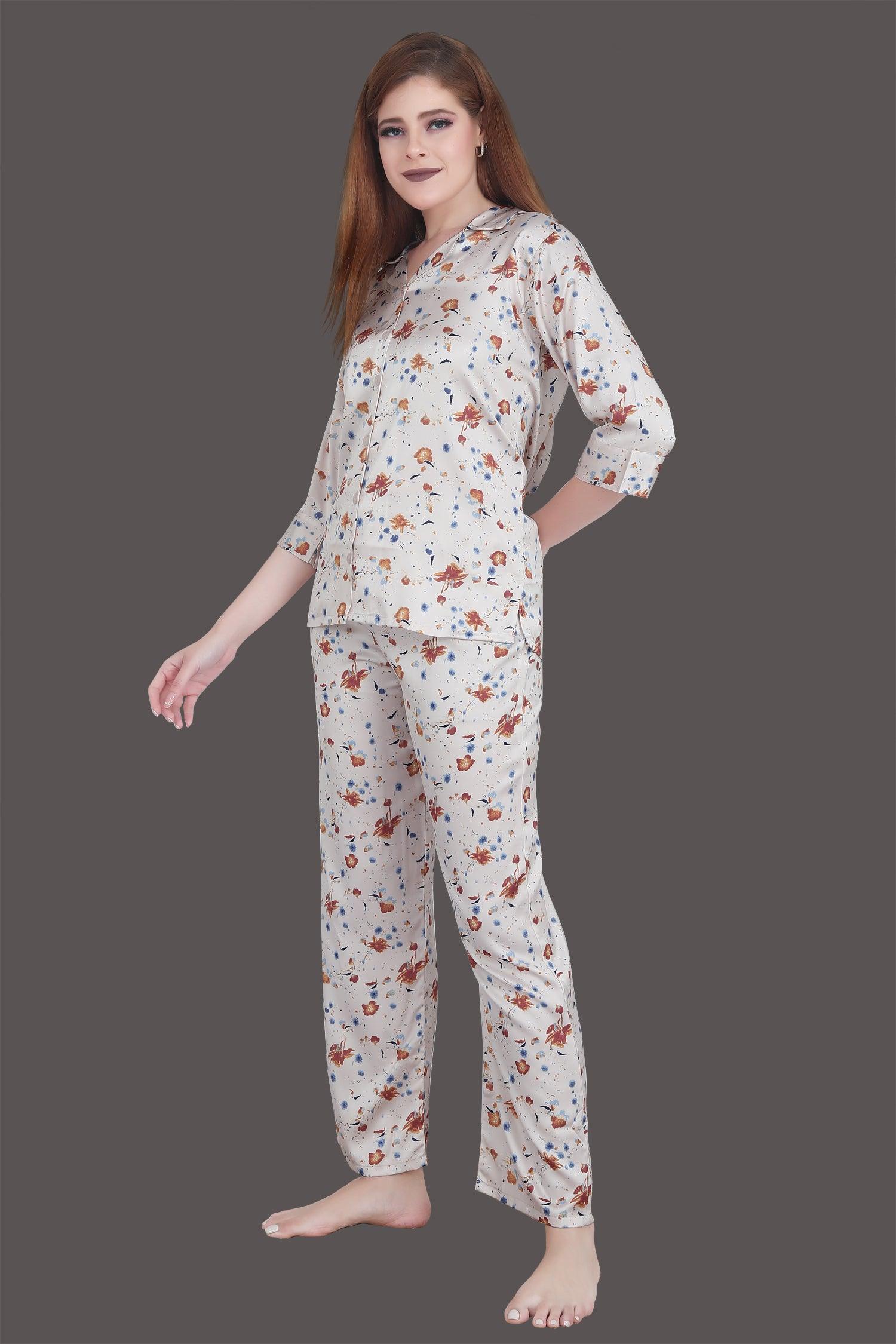 Velure Vintage Floral Print Satin Night Suit - Velure - Shirt and Pant - 3/4 Sleeves, Abstract Print, Collar Neck, Front Button Open, Full Length Pant, Satin